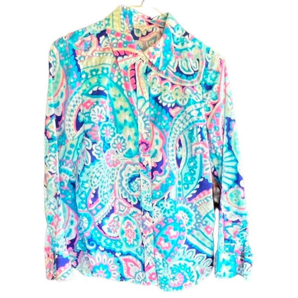 Talbots Petite Cotton Blues/Pink Patterned Long Sleeve Button Down Shirt, Size P